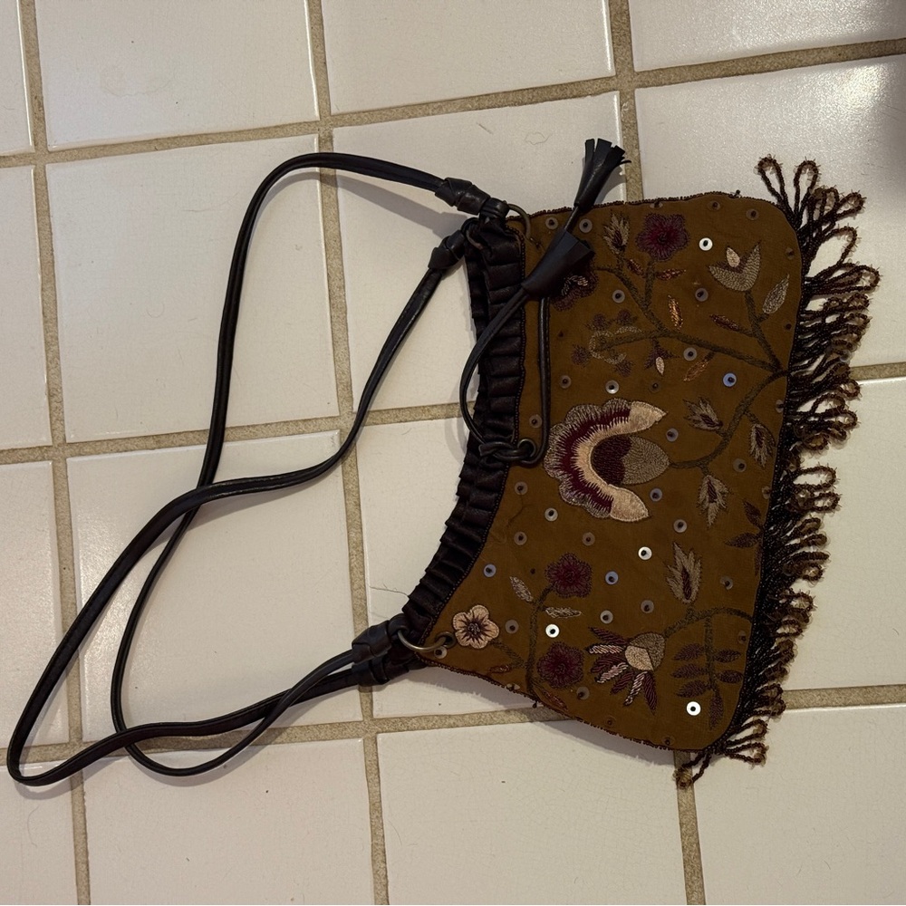 Express Brown Embroidered Fringe Shoulder Bag Boho Western Festival